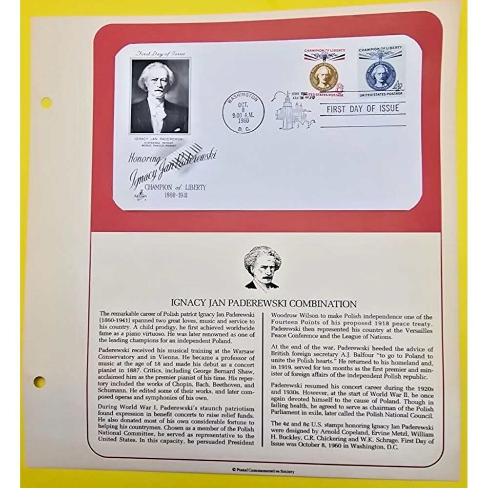 CHAMPION OF LIBERTY - 1960 Honoring Jgnacy Jan Paderewski  Combination FDC